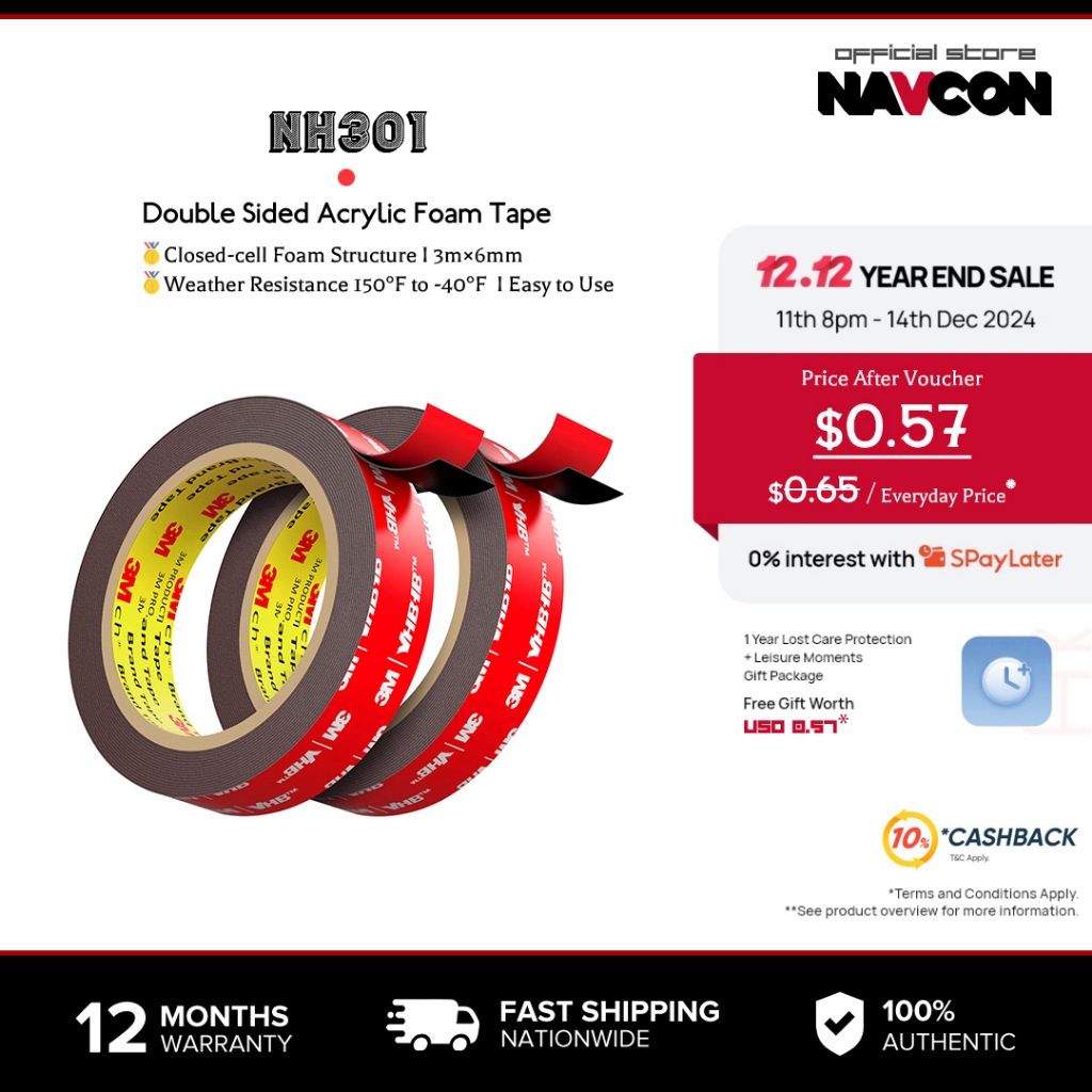 [ราคาต่ำสุด] Navcon เทปสองหน้า, เทปติดงานหนัก, 3ม.×6/10/15/20มม. เทปโฟมอะคริลิกสองด้าน, เทปกาว 2ด้านที่แข็งแกร่ง, เทปสองทางกันน้ำสำหรับผนัง, รถยนต์, ตกแต่งบ้าน, ตกแต่งสำนักงาน
