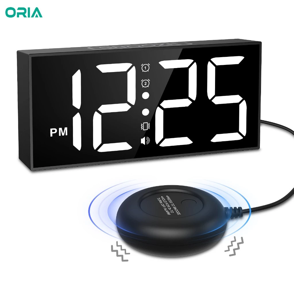 นาฬิกาปลุกสั่นสะเทือน ORIA 7 นิ้ว LED จอแสดงผลขนาดใหญ่นาฬิกาปลุกดังพร้อมเครื่องสั่นสําหรับเครื่องนอนหลับและการได้ยิน Impaired