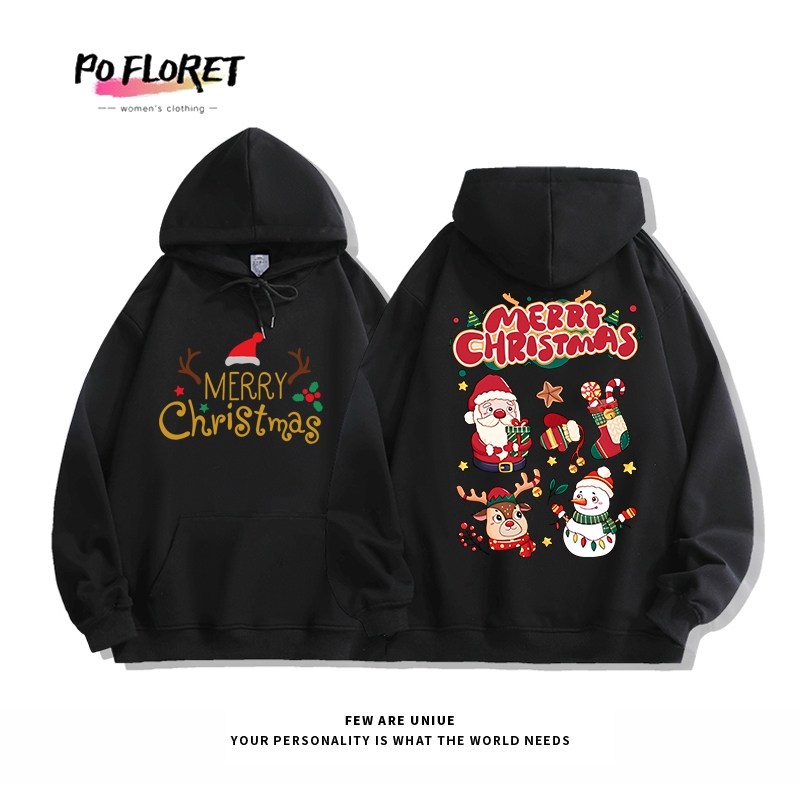 christmas sweater Pofloret เสื้อฮู้ด เสื้อสเวตเตอร์แขนยาวพิมพ์ลายแฟชั่นเกาหลี #B000497