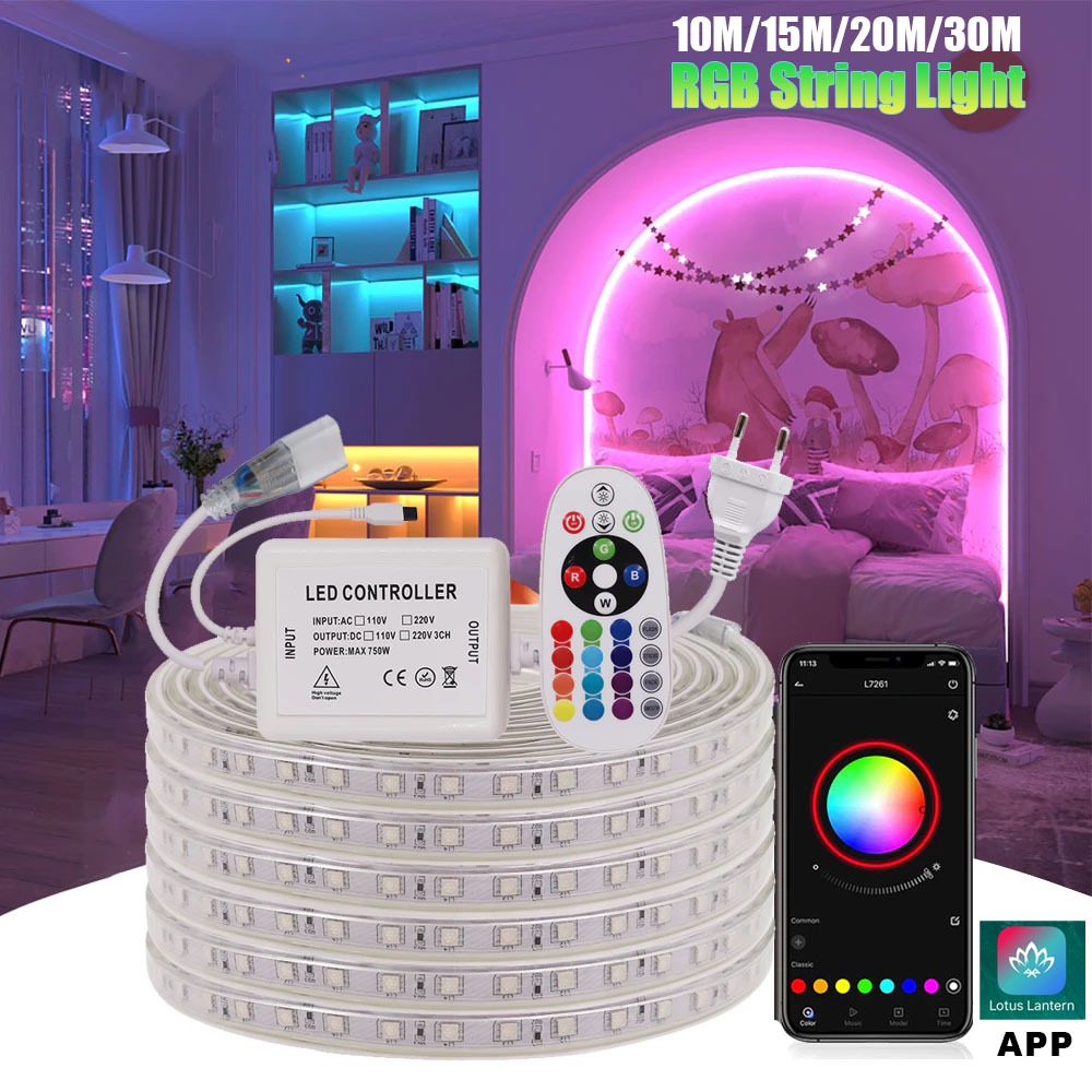 Amiuo ไฟแต่งห้อง ไฟเส้นLED 220V 5050 กันน้ำ สำหรับตกแต่งบ้าน/รถ/อาคาร strip light ใช้งานกลางแจ้งได้ กันน้ำ ทนแดด 10M/15M/20M/30M