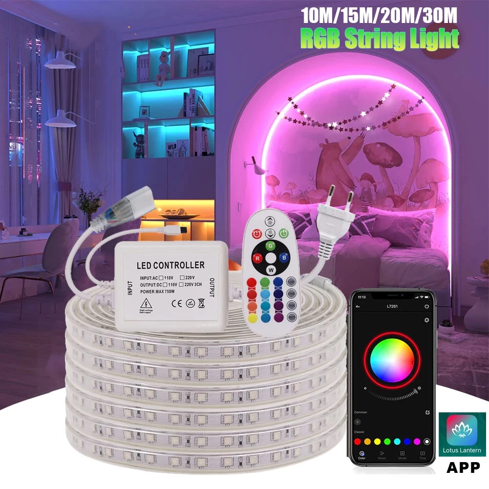 Amiuo ไฟแต่งห้อง ไฟเส้นLED 220V 5050 กันน้ำ สำหรับตกแต่งบ้าน/รถ/อาคาร strip light ใช้งานกลางแจ้งได้ กันน้ำ ทนแดด 10M/15M/20M/30M