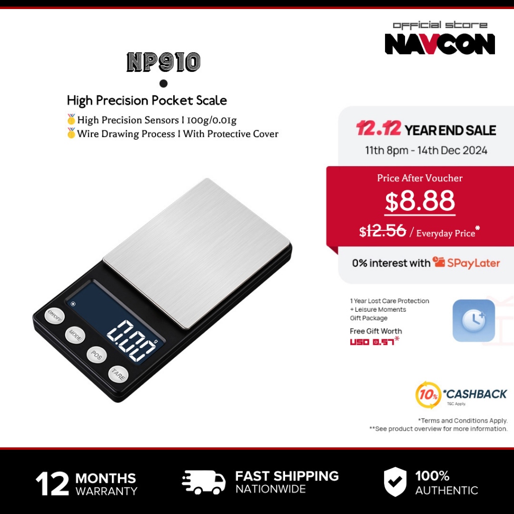 Navcon เครื่องชั่งพกพา 0.1g/0.01g ดิจิตอล ทอง เครื่องประดับ สมุนไพร อาหาร กาแฟ พร้อมจอ LCD ย้อนแสง (100/200/300/500g × 0.01g/0.1g)