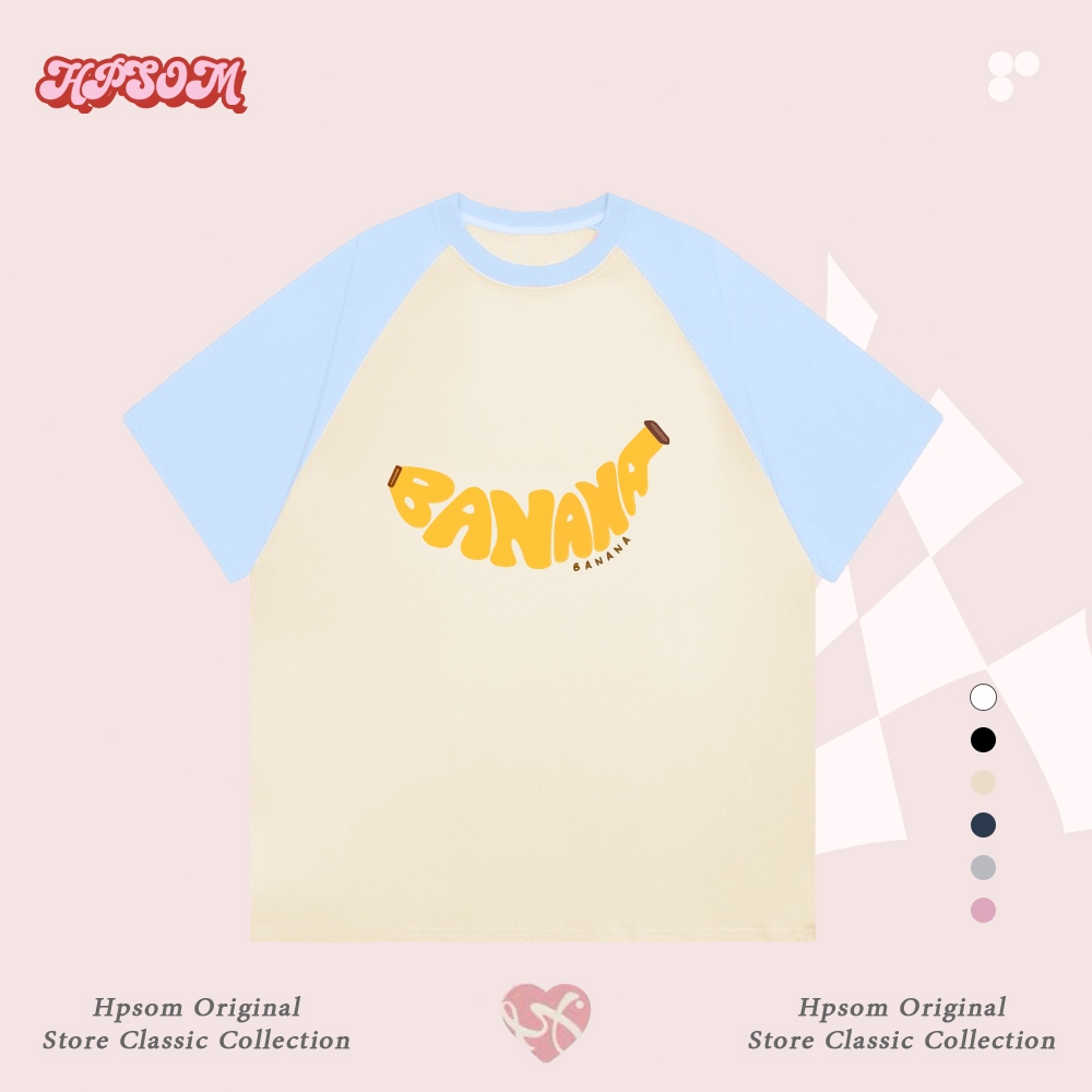 เสื้อยืดผู้หญิง Hpsom สไตล์เกาหลี คอกลม ลายพิมพ์กล้วย แขนสั้น เรียบง่าย สวมใส่สบาย