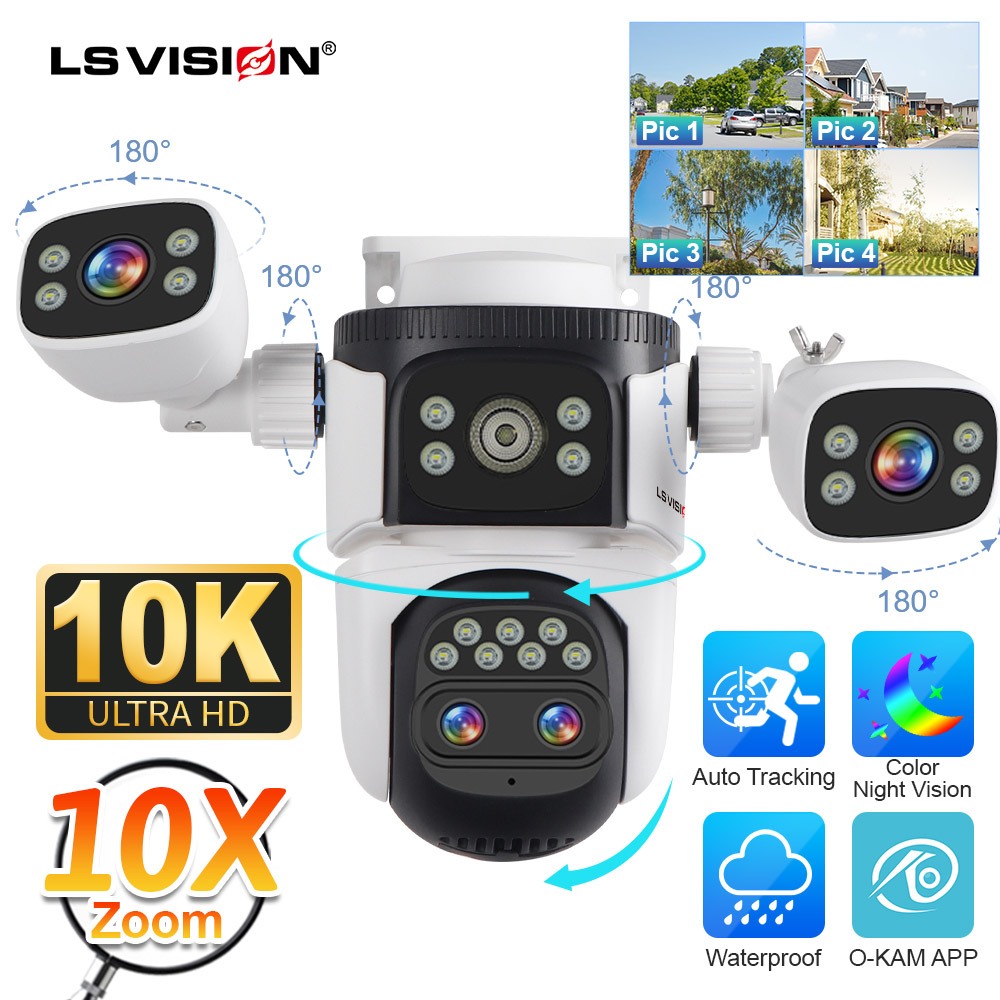 Lsvision 10K 20MP 10X กลางแจ้งกล้องโฟกัสซูมสี่หน้าจอสี่เลนส์ PTZ การติดตามอัตโนมัติ 6K Dual เลนส์กันน้ําความปลอดภัยกล้องวงจรปิด