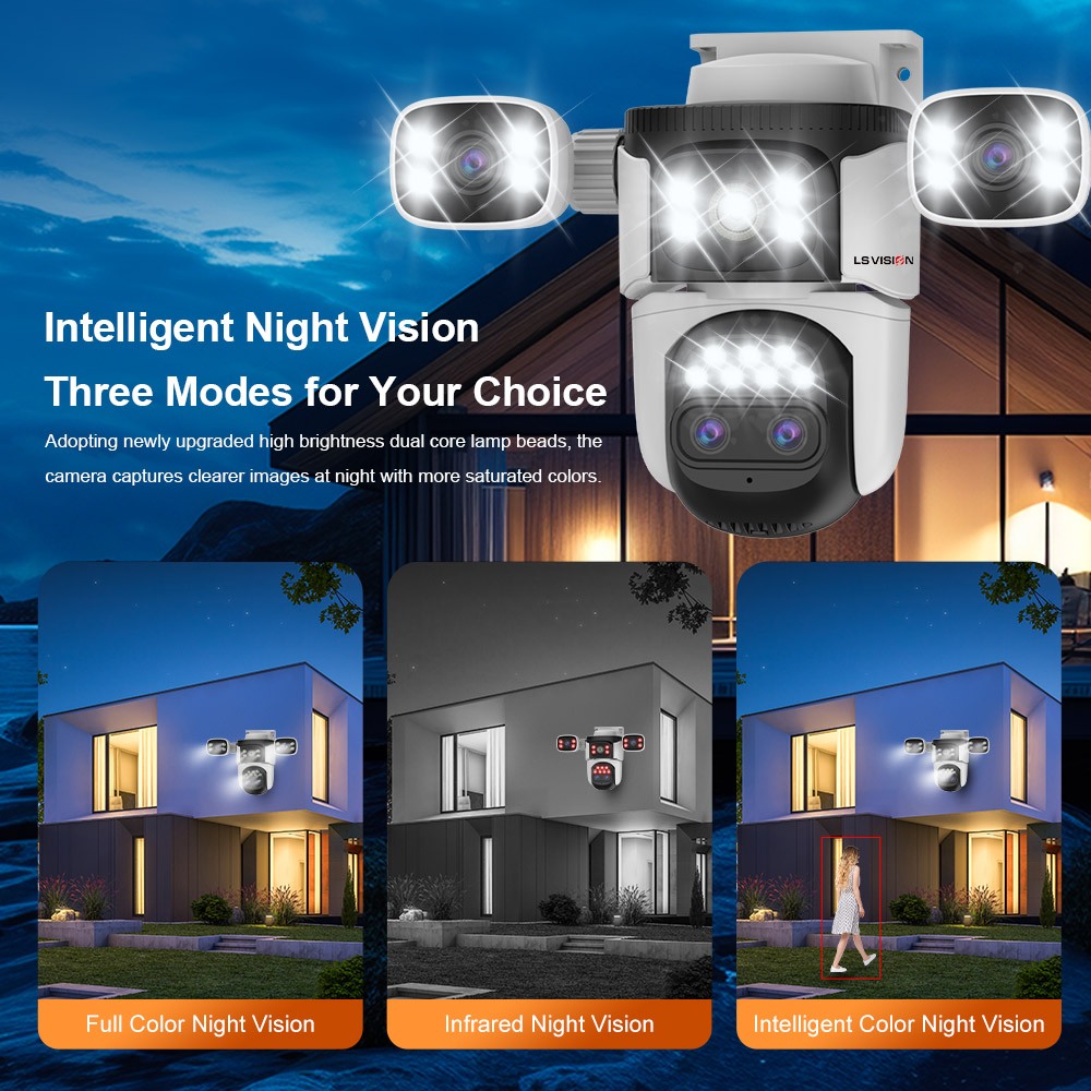 Lsvision 10K 20MP 10X กลางแจ้งกล้องโฟกัสซูมสี่หน้าจอสี่เลนส์ PTZ การติดตามอัตโนมัติ 6K Dual เลนส์กันน้ําความปลอดภัยกล้องวงจรปิด