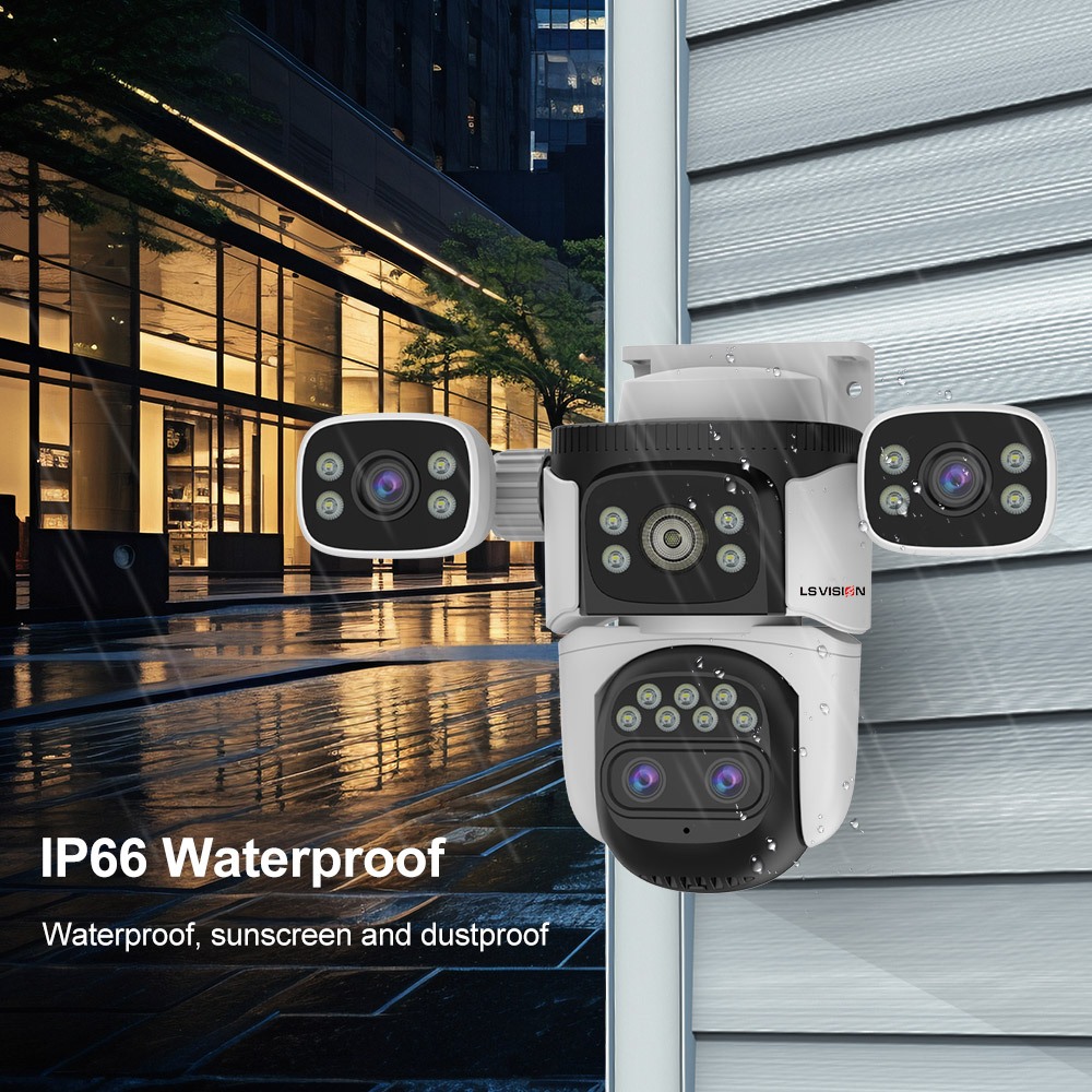 Lsvision 10K 20MP 10X กลางแจ้งกล้องโฟกัสซูมสี่หน้าจอสี่เลนส์ PTZ การติดตามอัตโนมัติ 6K Dual เลนส์กันน้ําความปลอดภัยกล้องวงจรปิด