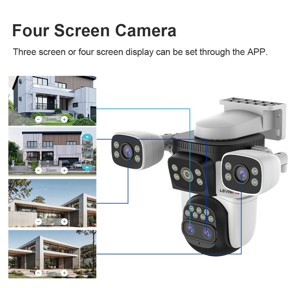 Lsvision 10K 20MP 10X กลางแจ้งกล้องโฟกัสซูมสี่หน้าจอสี่เลนส์ PTZ การติดตามอัตโนมัติ 6K Dual เลนส์กันน้ําความปลอดภัยกล้องวงจรปิด
