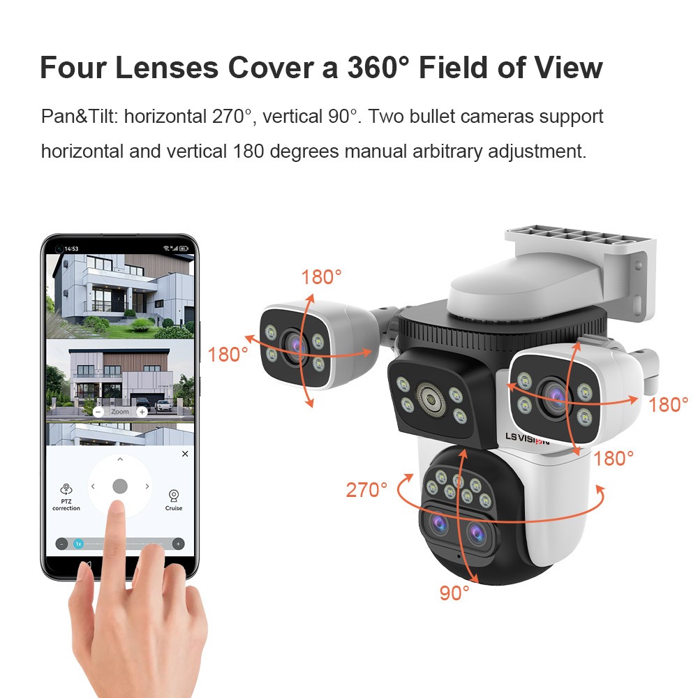 Lsvision 10K 20MP 10X กลางแจ้งกล้องโฟกัสซูมสี่หน้าจอสี่เลนส์ PTZ การติดตามอัตโนมัติ 6K Dual เลนส์กันน้ําความปลอดภัยกล้องวงจรปิด