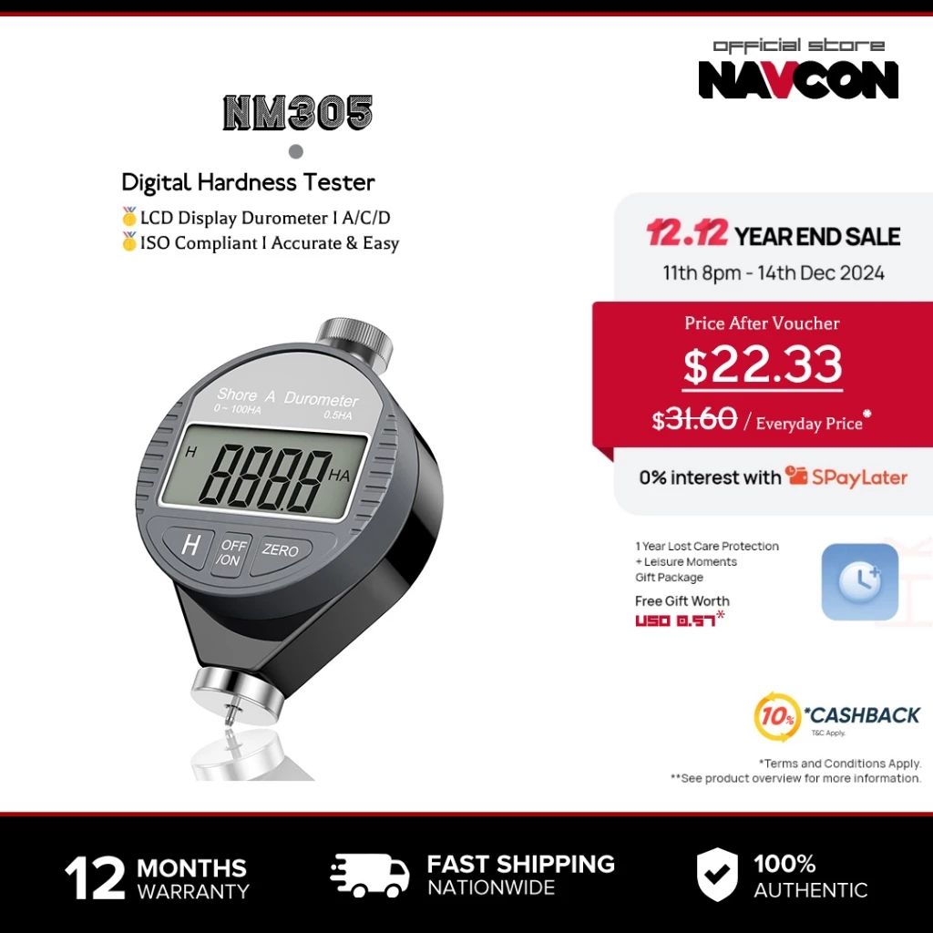 Navcon เครื่องทดสอบความแข็งแบบดิจิตอลแบบพกพา 0-100HD Shore A/C/D เครื่องทดสอบความแข็งพร้อมจอแสดงผล LCD ขนาดใหญ่เครื่องชั่งดูโรมิเตอร์แบบดิจิตอลสำหรับยาง ยาง พลาสติก พื้น และลูกโบว์ลิ่ง
