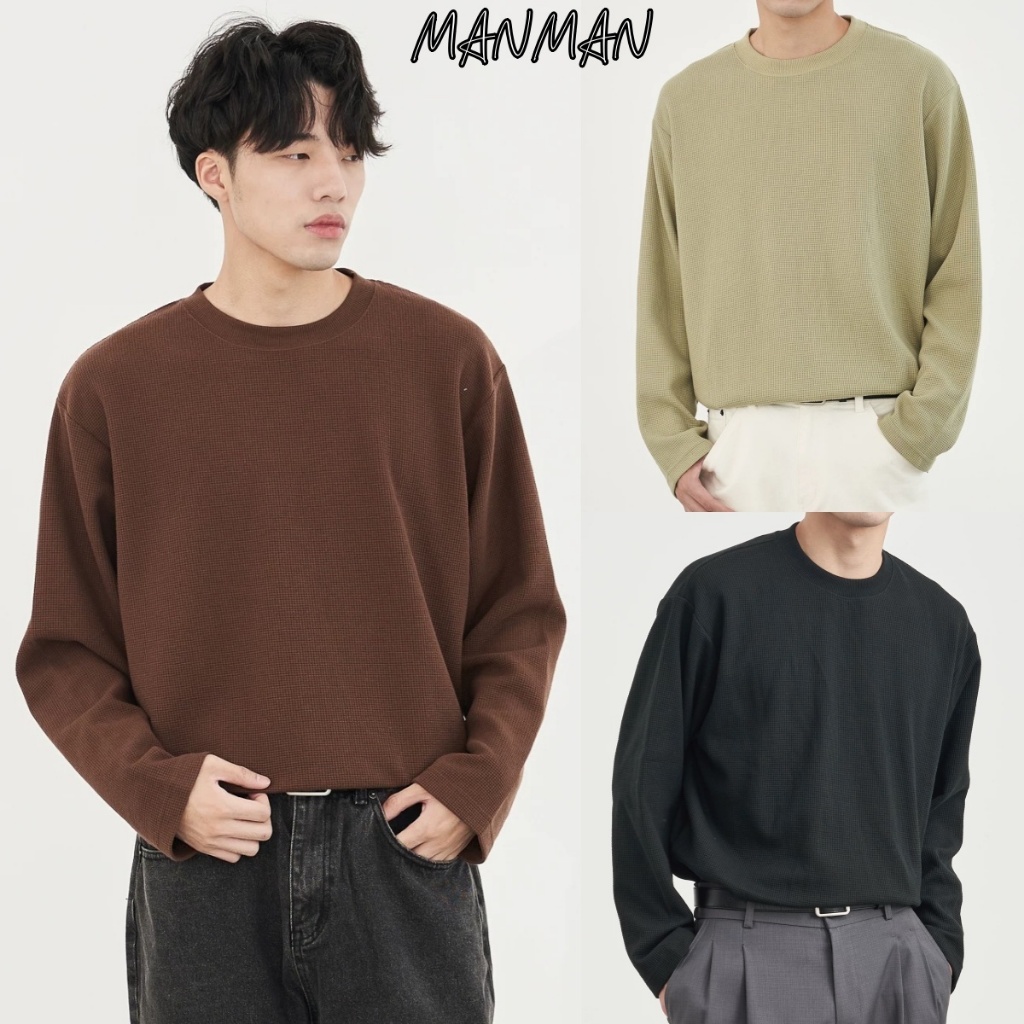 MANMAN ผู้ชายฤดูร้อนมีหลายสีให้เลือกลำลองหลวมคอกลมแขนยาว