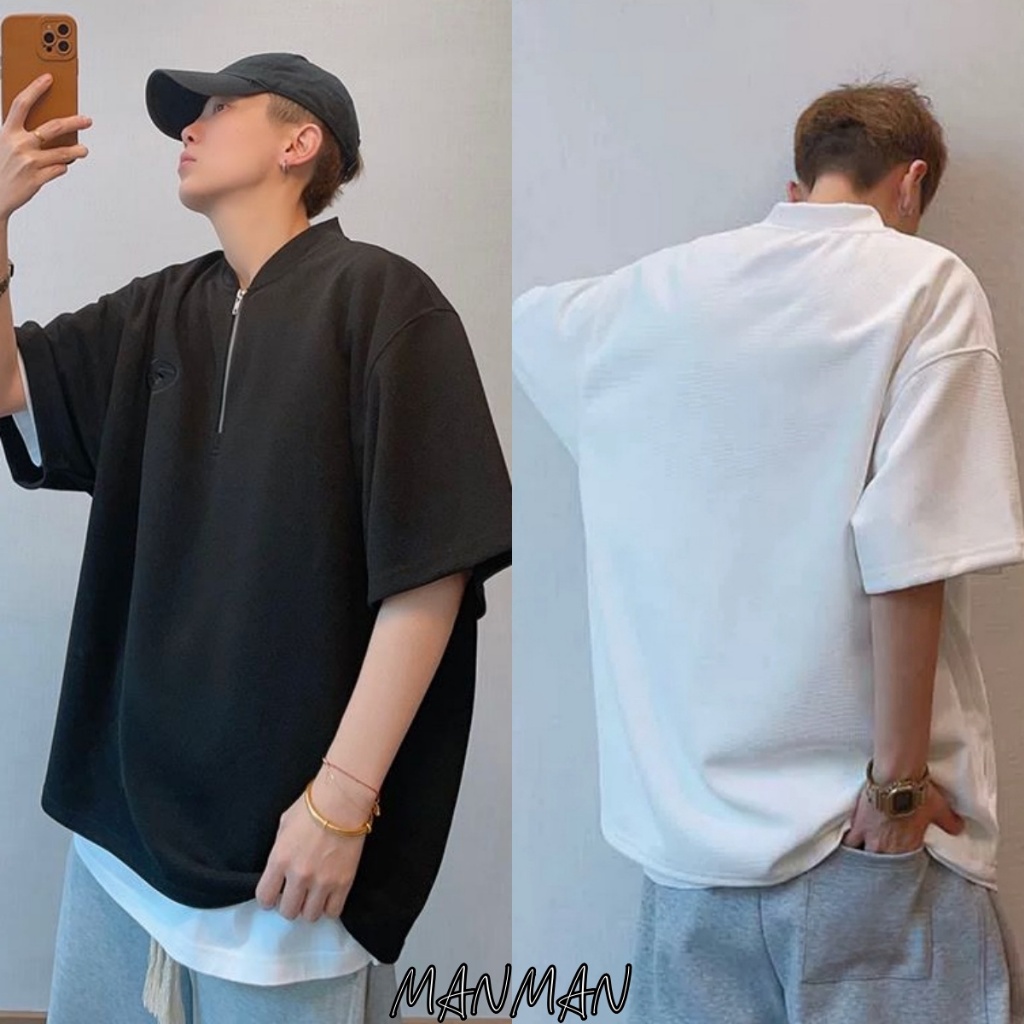 MANMAN เสื้อยืดแขนสั้นมีซิปเบสบอลยอดนิยมสำหรับผู้ชายในช่วงฤดูร้อน