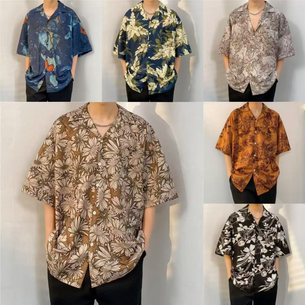 เสื้อฮาวาย hawaii แขนสั้น พิมพ์ลาย สำหรับผู้ชาย เสื้อเชิ้ตฮาวาย ฮาวายสไตล์เกาหลี ผ้าใส่สบาย สินค้าพร้อมส่ง M-3XL 100 แบบ รุ่น R28