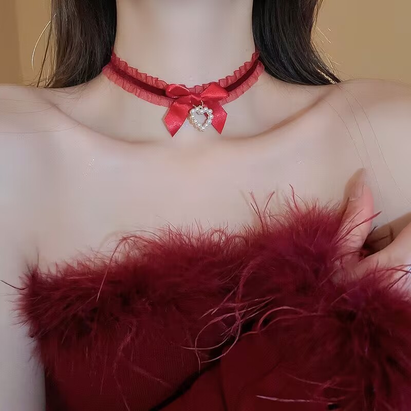 สร้อยคอโชคเกอร์ จี้รูปหัวใจ ประดับโบว์ สไตล์โลลิต้า