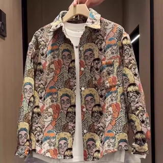 คอปกแจ็คเก็ตผู้ชายเกาหลีสบายๆทาสีกราฟฟิตีเสื้อสไตล์แจ็คเก็ต