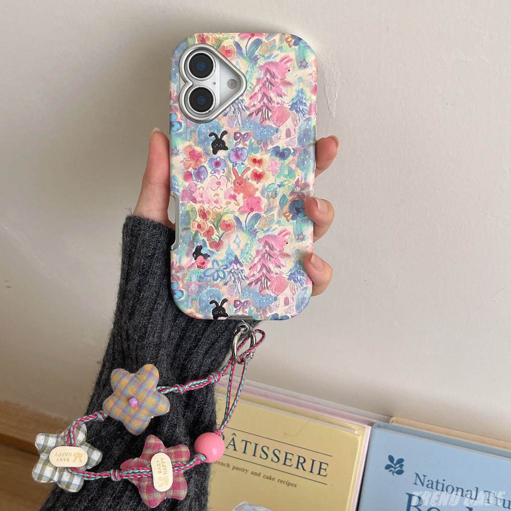 หรูหราภาพวาดสีน้ํามันดอกไม้กระต่ายหนังกรณีโทรศัพท์สําหรับ ไอโฟน 16 15 14 13 มือโปร สูงสุด พร้อมเชือกเส้นเล็กกันกระแทกกรณีปก