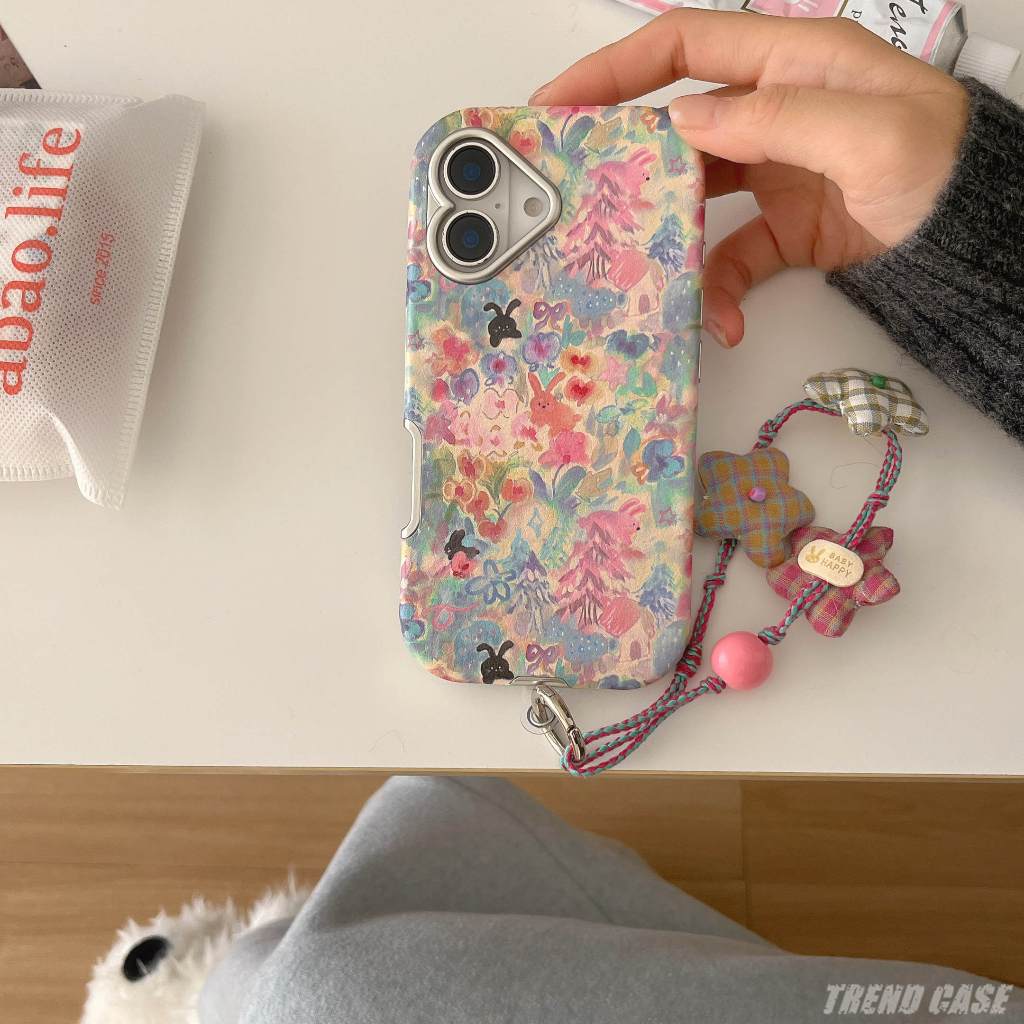 หรูหราภาพวาดสีน้ํามันดอกไม้กระต่ายหนังกรณีโทรศัพท์สําหรับ ไอโฟน 16 15 14 13 มือโปร สูงสุด พร้อมเชือกเส้นเล็กกันกระแทกกรณีปก - รูปที่ 4