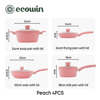 Ecowin Peach Series เซ็ตกระทะสีชมพูเคลือบเซรามิก4ชิ้นพร้อมฝา ไม่ติดกระทะใช้ได้กับเตาทุกประเภท เหมาะสำหรับครัวเรือน