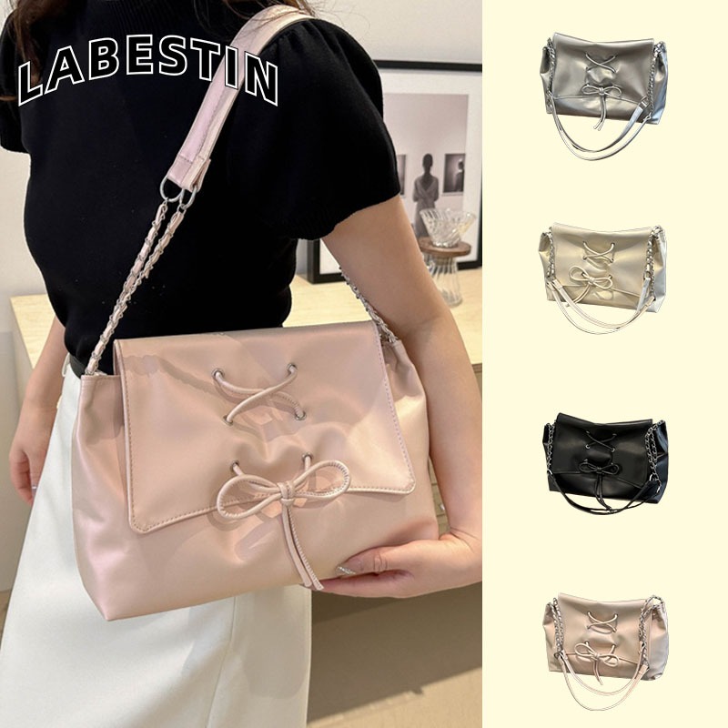 LABESTINกระเป๋าสตรี ใหม่ อเนกประสงค์ ความจุขนาดใหญ่ เดินทาง นุ่ม PU มุก เชือกสตริง กระเป๋าโท้ท
