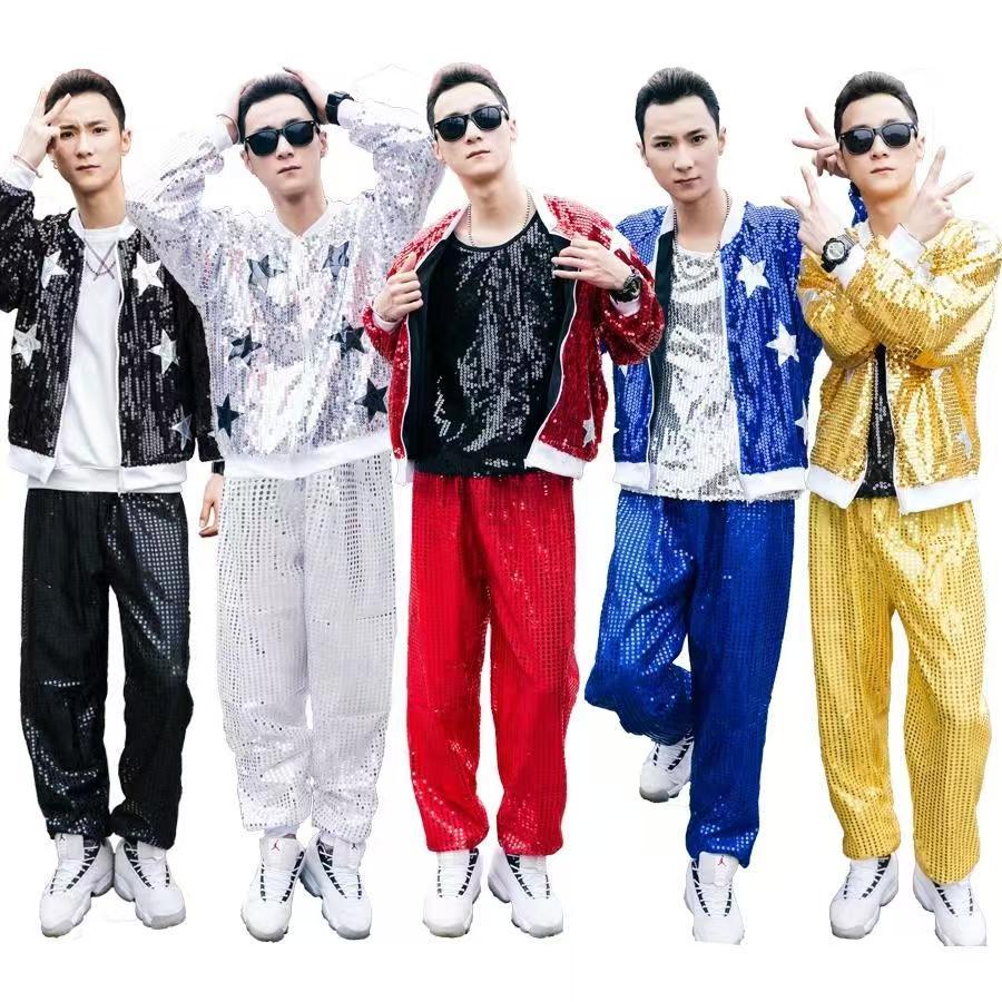 ผู้ชายเงาเลื่อมสีทองแจ็คเก็ตกางเกงชุดสไตล์ถนนเต้นรําประสิทธิภาพชุด bling bling เสื้อแขนยาว