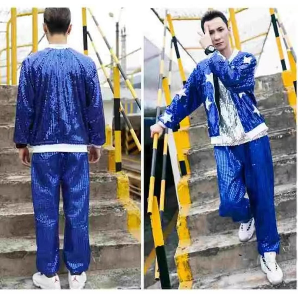 ผู้ชายเงาเลื่อมสีทองแจ็คเก็ตกางเกงชุดสไตล์ถนนเต้นรําประสิทธิภาพชุด bling bling เสื้อแขนยาว - รูปที่ 3