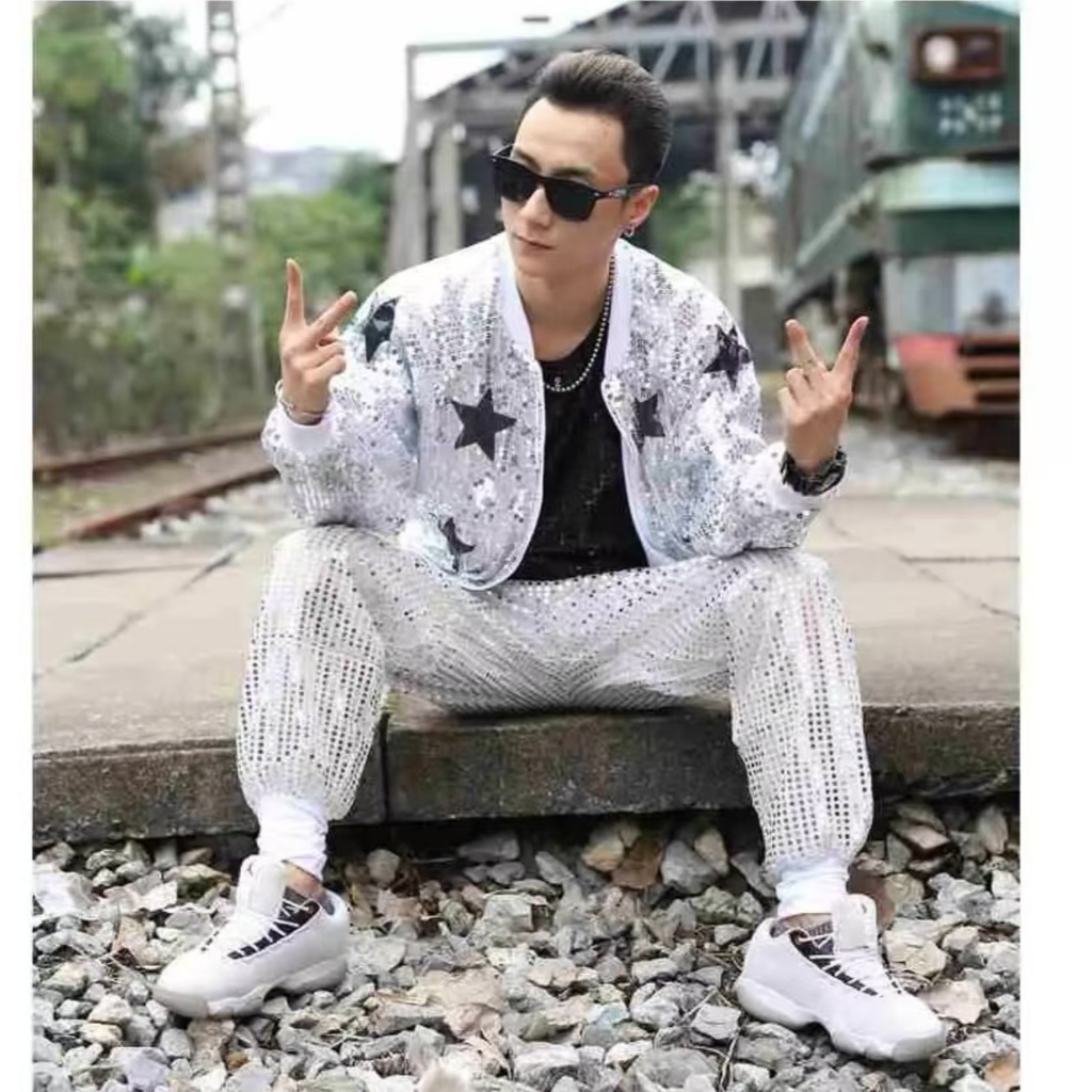 ผู้ชายเงาเลื่อมสีทองแจ็คเก็ตกางเกงชุดสไตล์ถนนเต้นรําประสิทธิภาพชุด bling bling เสื้อแขนยาว - รูปที่ 4