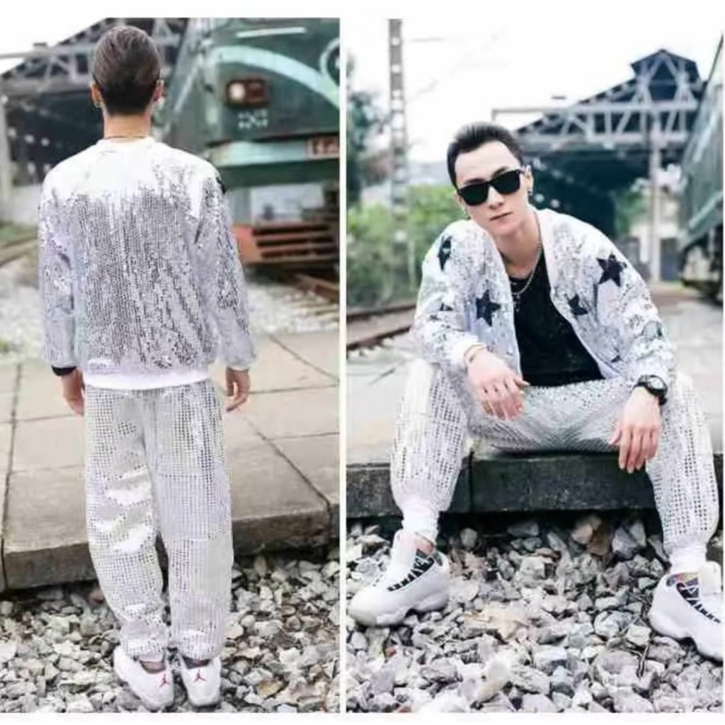 ผู้ชายเงาเลื่อมสีทองแจ็คเก็ตกางเกงชุดสไตล์ถนนเต้นรําประสิทธิภาพชุด bling bling เสื้อแขนยาว - รูปที่ 5