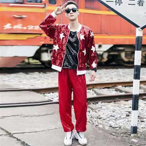 ผู้ชายเงาเลื่อมสีทองแจ็คเก็ตกางเกงชุดสไตล์ถนนเต้นรําประสิทธิภาพชุด bling bling เสื้อแขนยาว - รูปที่ 2