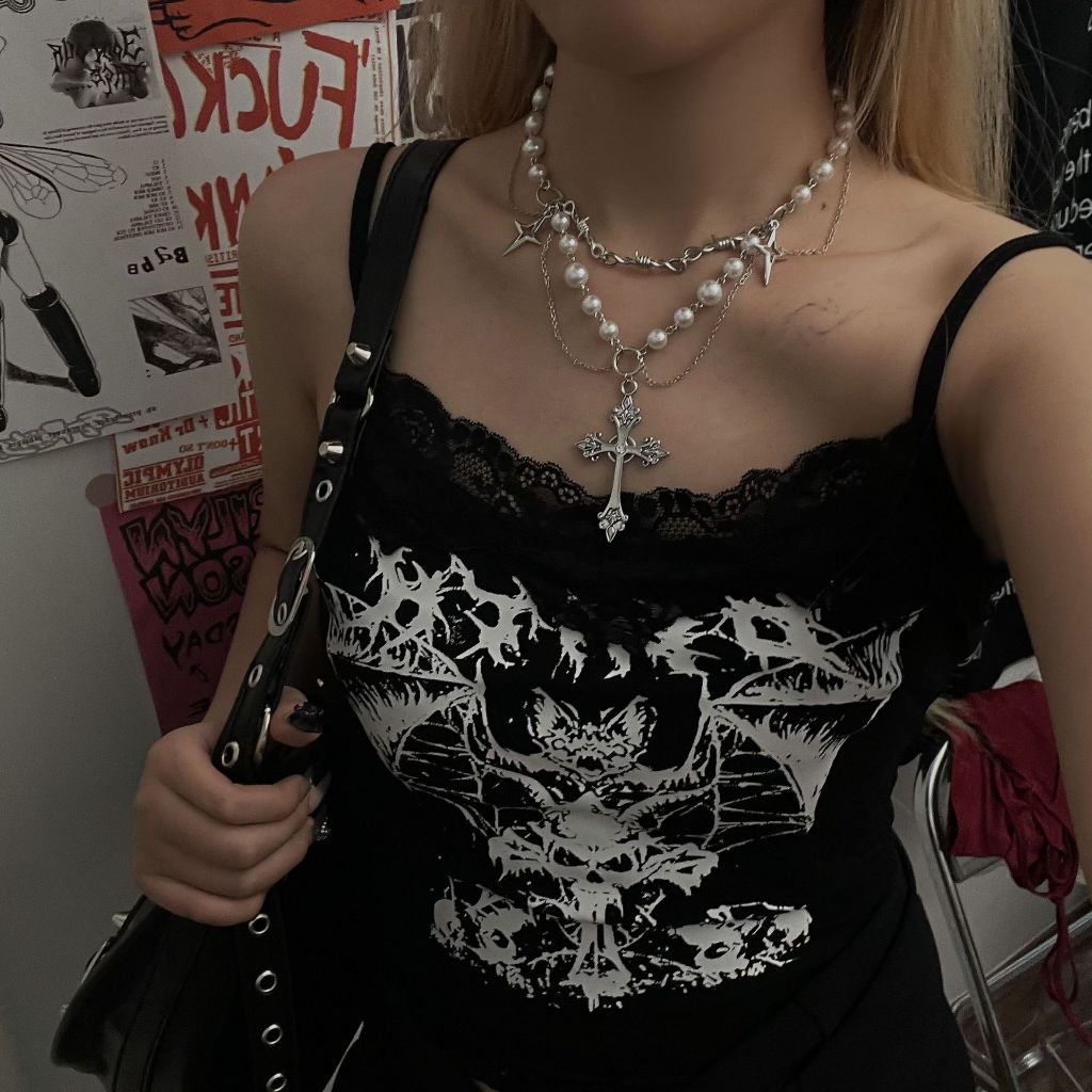 Gothic Punk Pearl Cross พู่สร้อยคอสร้อยคอสร้อยคอสร้อยคอผู้หญิง Choker แฟชั่น Hip Hop เครื่องประดับของขวัญประณีต
