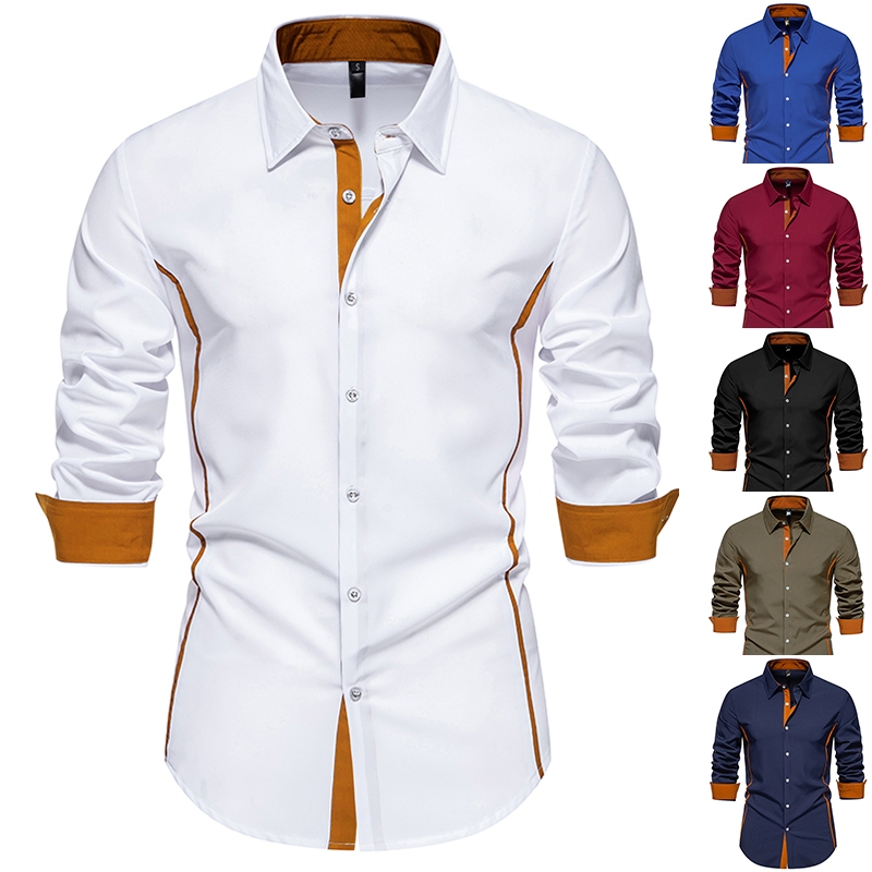 เสื้อเชิ้ตคอปกสีตัดกันลําลองแขนยาวสี่ฤดูสําหรับผู้ชาย