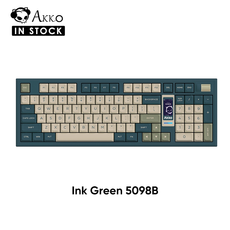 Akko Ink Green 5098B คีย์บอร์ดไร้สายแบบกลไก, แรกพร้อมหน้าจอ LCD, ติดตั้งปะเก็น, แบตเตอรี่ชาร์จเร็ว, 