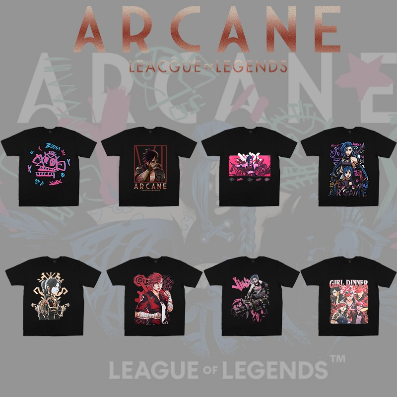 LEAGUE OF LEGENDS ARCANE Merch ผ้าฝ้ายเสื้อยืด JIX EKKO VI CAITLYN อะนิเมะพิมพ์แขนสั้นสําหรับผู้ชายแ