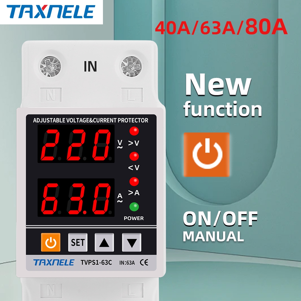 Taxnele 40A 63A 230V Din Rail ปรับดิจิตอล Over Under Voltage protector Over Current ป้องกัน