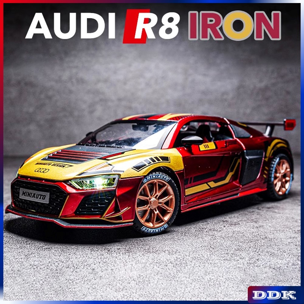 1:24 AUDI R8 IRON Diecast รุ่นของเล่นรถเสียงและแสงดึงกลับรถบรรทุกคอลเลกชันของขวัญวันเกิดสําหรับเด็กเด็กผู้ชายเด็กเล่นเพื่อนปัจจุบัน