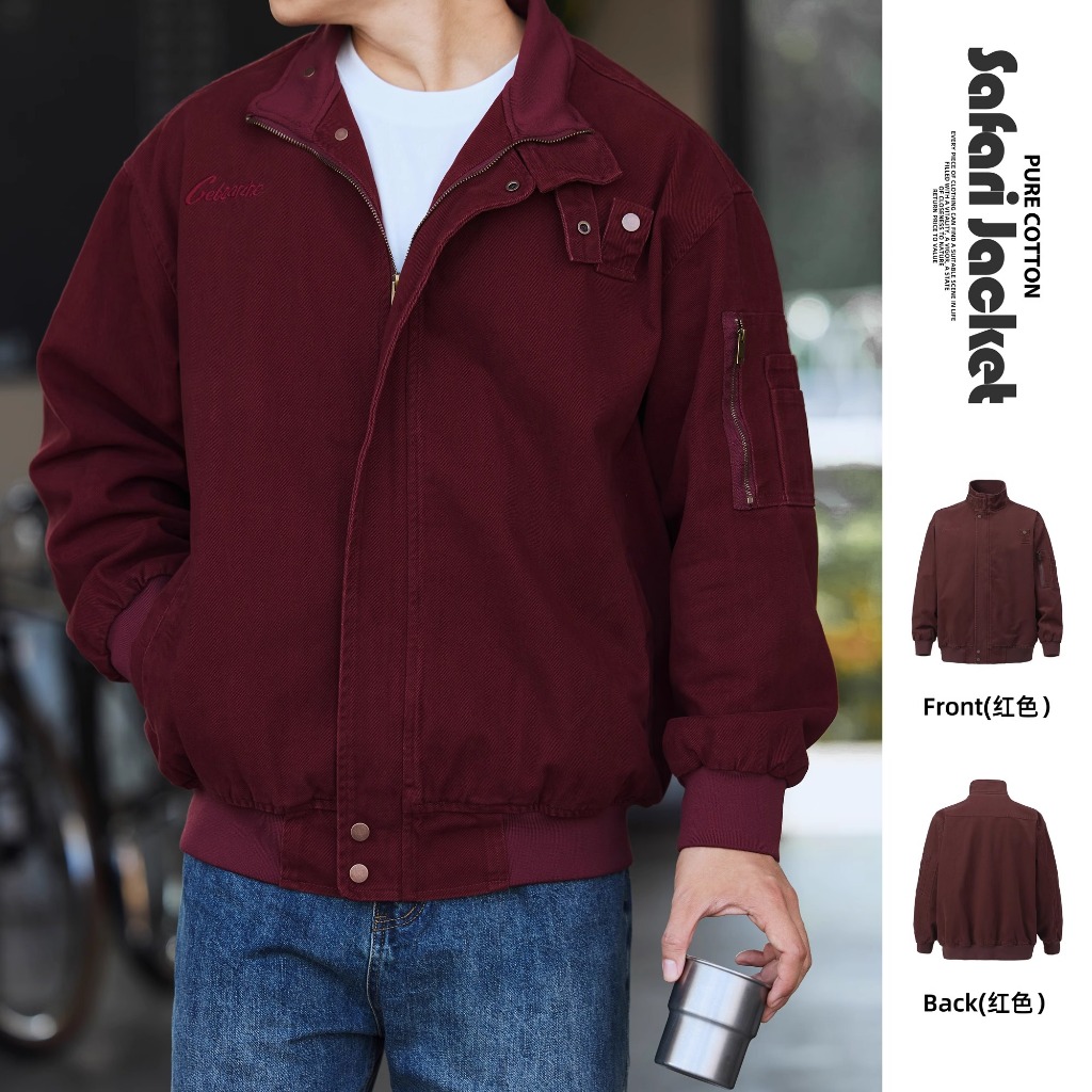 Grey Series Encore เสื้อแจ็คเก็ตคอตั้งสีแดงผู้ชายปัก Retro High-End Overalls Jacket ฤดูหนาว