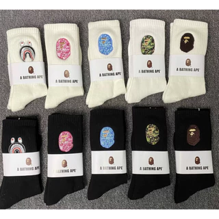 BAPE ปัก Ape Head ผู้ชายผู้หญิงถุงเท้าสีขาวคู่รัก Four Seasons