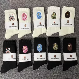 BAPE ปัก Ape Head ผู้ชายผู้หญิงถุงเท้าสีขาวคู่รัก Four Seasons