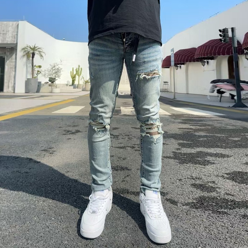 Amiri High street แฟชั่น retro ผู้ชายกางเกงยีนส์ slim fit ยืดหยุ่น patch ออกแบบ splicing เทคโนโลยีผู