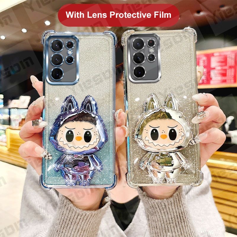Labubu พับเคสโทรศัพท์สําหรับ Samsung Galaxy S25 S24 S23 S22 S21 Ultra S24 FE S23 Plus ชุบ Make up กระจกผู้ถือซิลิโคนฝาครอบ