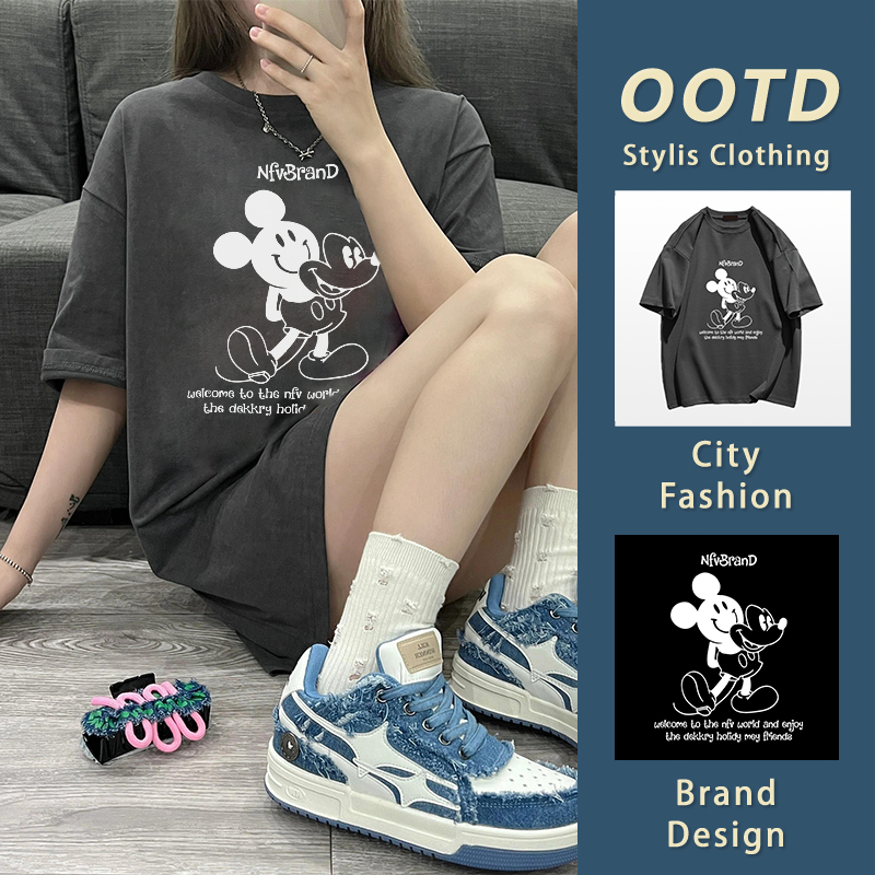 พร้อมส่ง เสื้อยืดคอกลมฤดูร้อน ลายสกรีนMickey Mouse 100%cotton โอเวอร์ไซซ์ แบบนิ่ม ใส่สบาย YG377