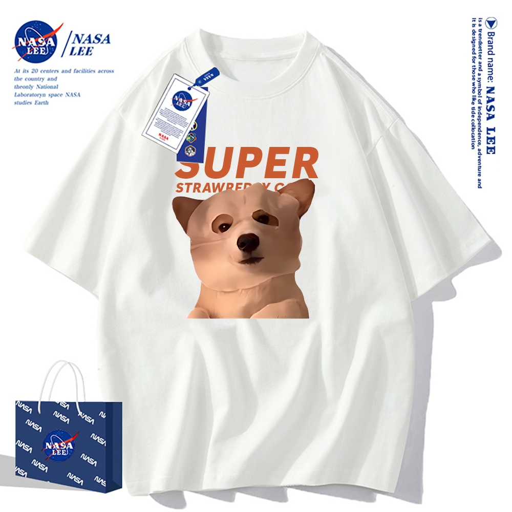 🔥จัดส่งในวันเดียว🔥เสื้อยืดแขนสั้น NASA - หมาใส่หน้ากากหน้า, 100% ผ้าฝ้าย, ยูนิเซ็กซ์