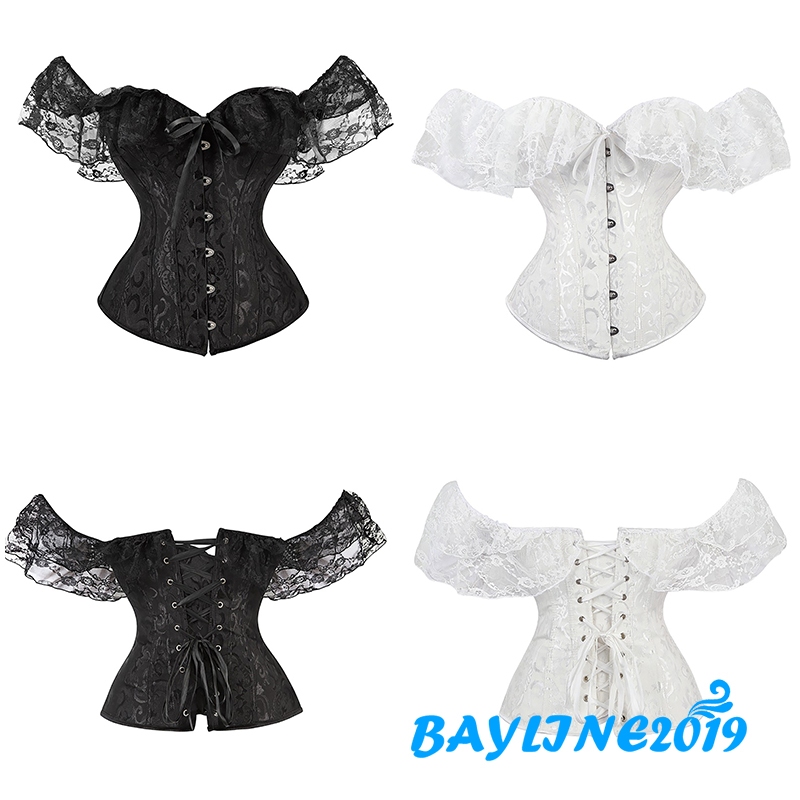 Bay-women Short Sleeve Corset สีทึบ Tie-up Boat Neck เสื้อครอปรัดรูปสีขาว/ดํา