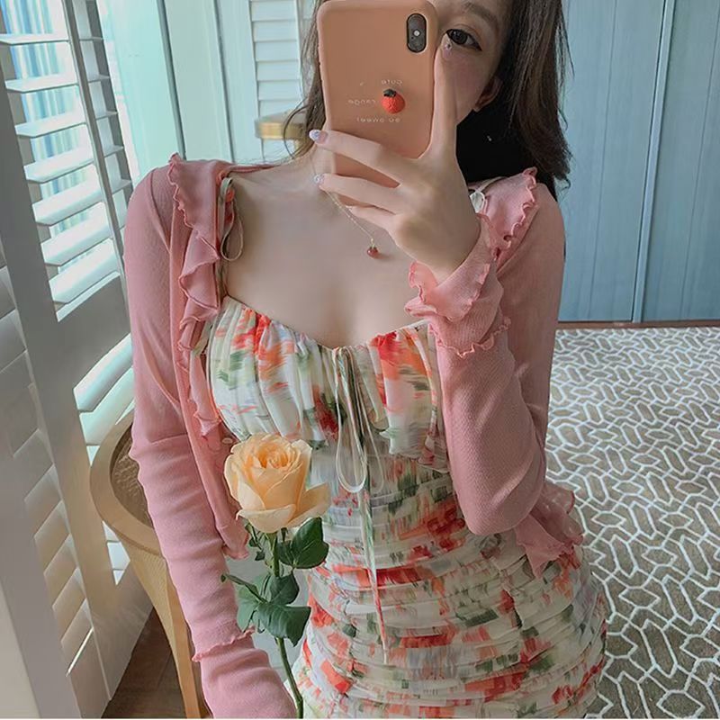 เสื้อคาร์ดิแกน คอวี ผ้าชีฟอง ทรงหลวม แบบบาง แต่งระบาย