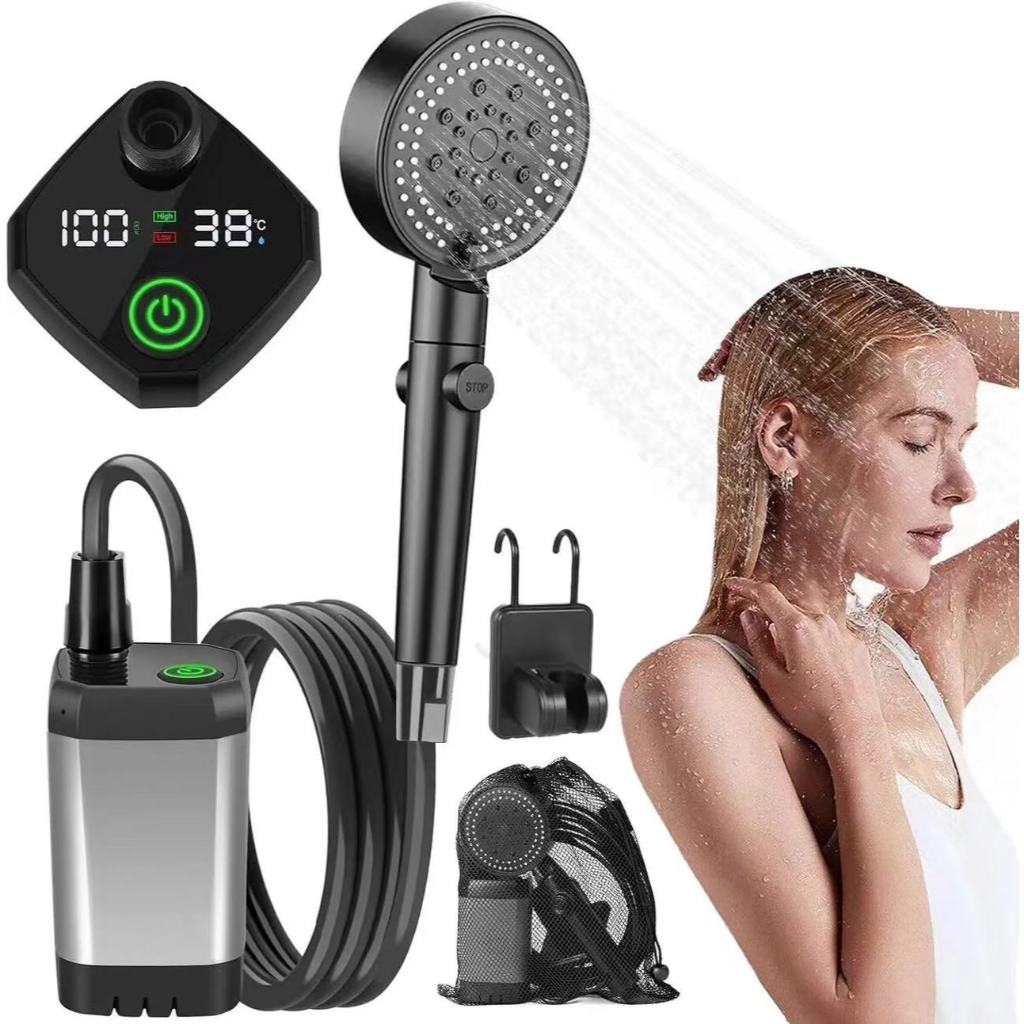 Camping Shower Pump RV Outdoor Shower Kit Camp Shower w/Full Screen จอแสดงผลดิจิตอลอัจฉริยะปรับ 6000mAh Shower Kit