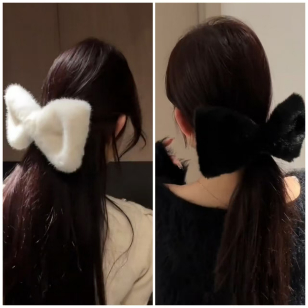 คลิปปากเป็ดโบว์ตุ๊กตาขนาดใหญ่พิเศษครึ่งผูกกิ๊บติดผมสีดําและสีขาวด้านหลังหัวสาว