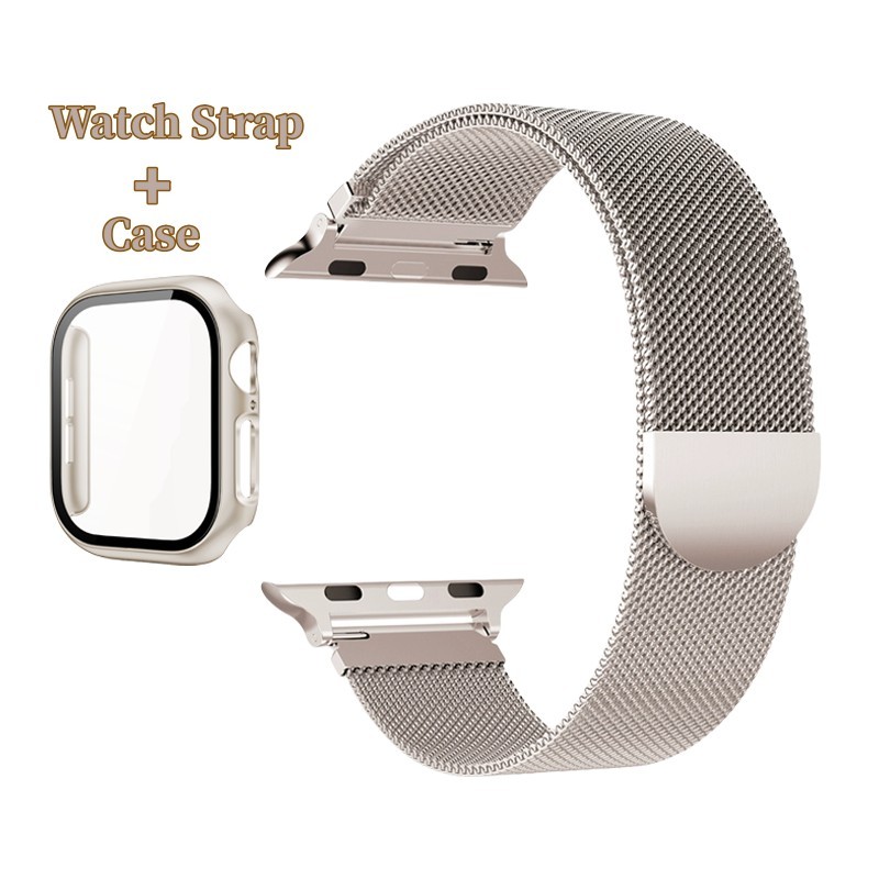 Starlight Milan Metal Strap + สําหรับ Apple Watch 46 มม.42 มม.41 มม.40 มม.44 มม.45 มม.38 มม.49 มม.PC Glass + iWatch Series 11 10 9 8 7 6 5 4 SE 2 Ultra/Ultra 2 Band และเคสสแตนเลส