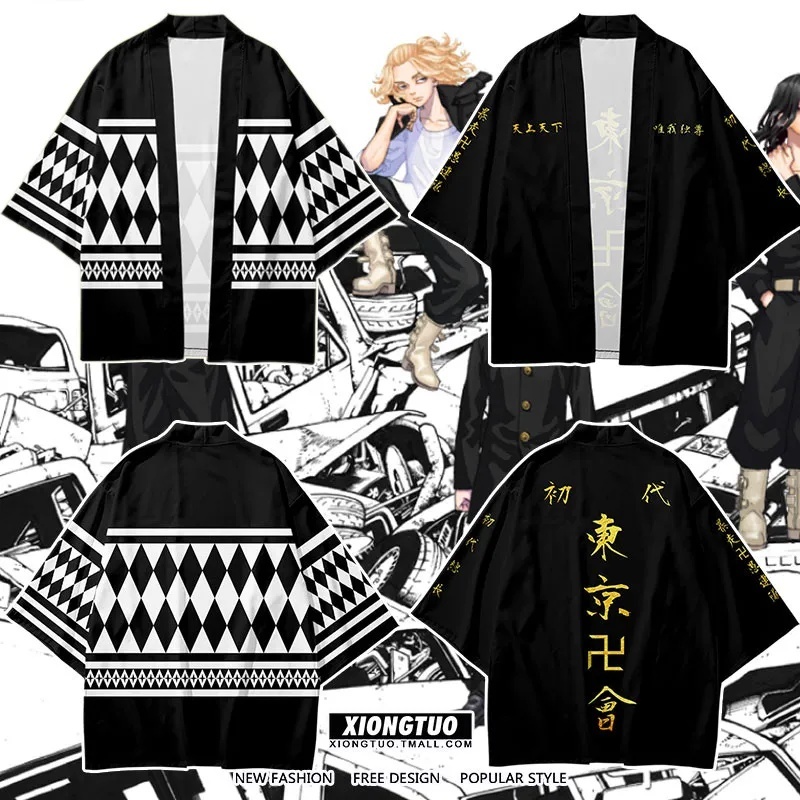 ผู้ชายญี่ปุ่นชุดกิโมโนเสื้อคลุมฮาโอริอะนิเมะมังกรแจ็คเก็ตฤดูร้อน Draken Manji Gang เสื้อสีดําเสื้อผ้า