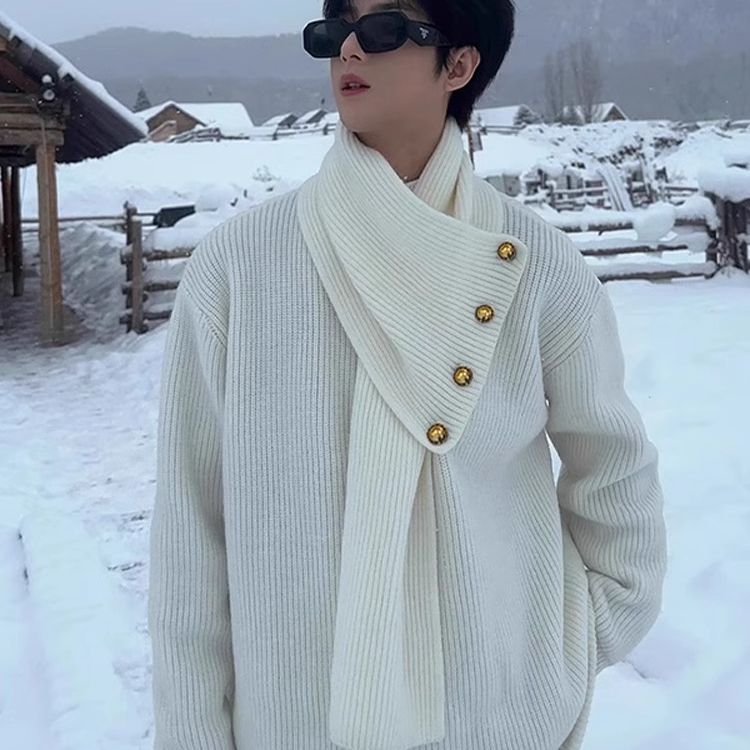 ผ้าพันคอการออกแบบคอสูงเสื้อกันหนาวสีขาวผู้ชายฤดูหนาวใหม่จีนย้อนยุคสไตล์ขี้เกียจเสื้อถักผู้ชาย ม-2เอ็กแอล
