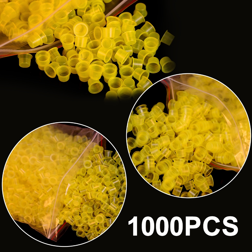 1000/ถุงสักพลาสติก/ถ้วยหมึก PMU โปร่งใสสีเหลืองทิ้ง 3 ขนาด S/M/L มีจําหน่ายสะดวกและใช้งานได้จริงผู้ถือใสคอนเทนเนอร์หมวกอุปกรณ์เสริมสัก
