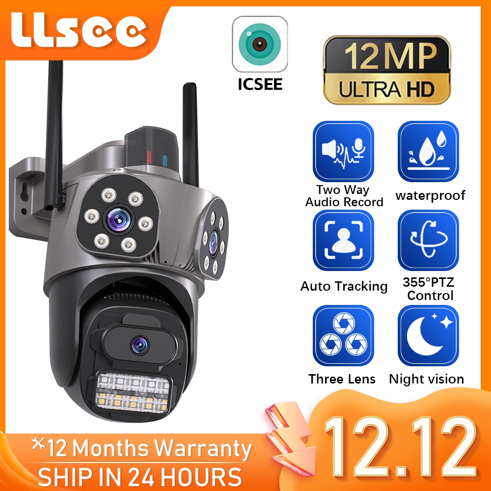 LLSEE icsee 12MP สามเลนส์ 6K กล้องวงจรปิดไร้สายกลางแจ้งกันน้ำ WIFI PTZ 360 กล้องรักษาความปลอดภัยการติดตามการเคลื่อนไหวตรวจจับสัญญาณเตือนภัยกลางคืนที่มีสีสัน