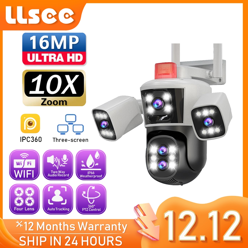 LLSEE 16MP 4 เลนส์ 8K ไร้สายบ้านกล้องวงจรปิดกลางแจ้งกันน้ำ 10 เท่าออปติคัลซูม 360 กล้องรักษาความปลอดภัยการเฝ้าระวังไม่มีการตรวจจับการเคลื่อนไหวมุมตายปลุก Night Vision สีสันสดใส